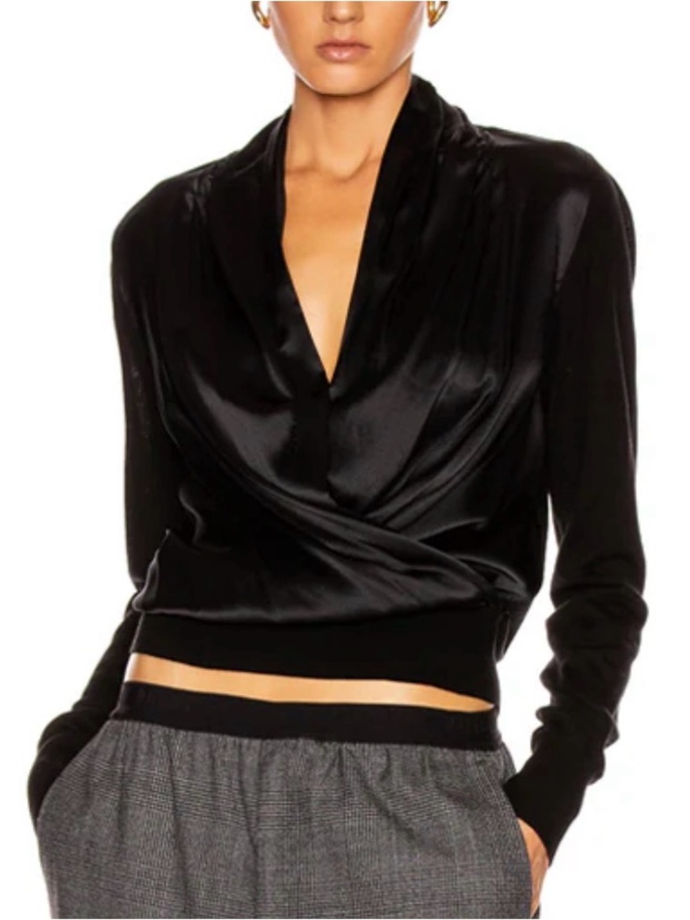Veronica Beard Ingrid Black Mixed Media Silk Merino Wool Wrap Top Size Small